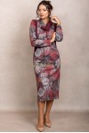 Rochie midi Galia din tricot visiniu cu imprimeu floral, maneca lunga si buzunare